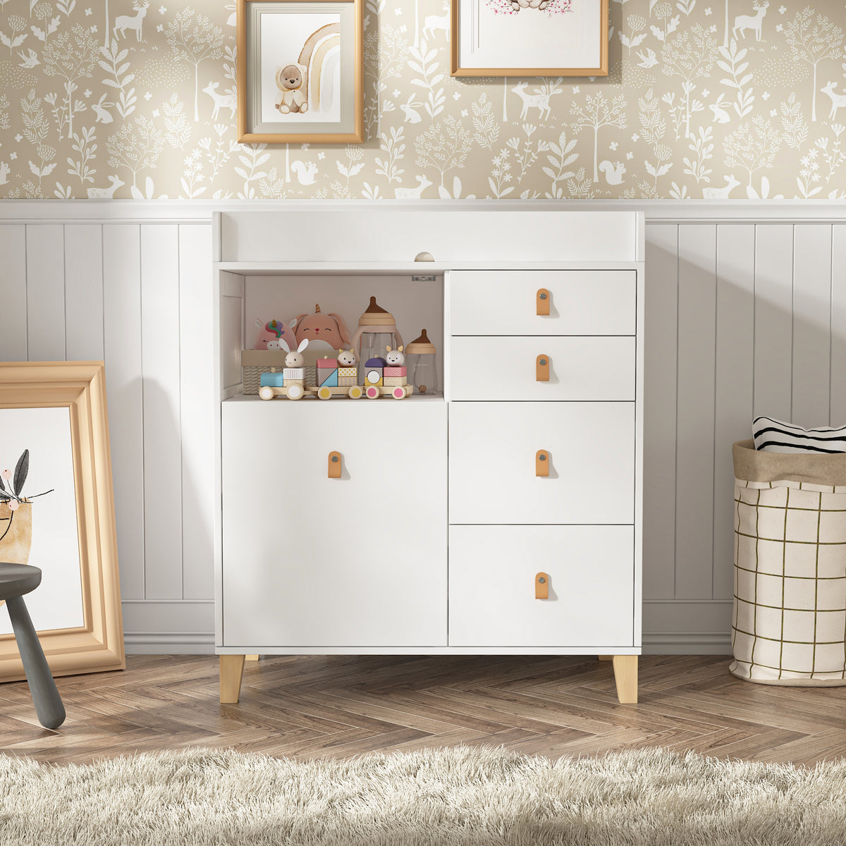 47.2 inch Modern White Changing Table Dresser with 3 Drawers & 2 Storage Cabinets