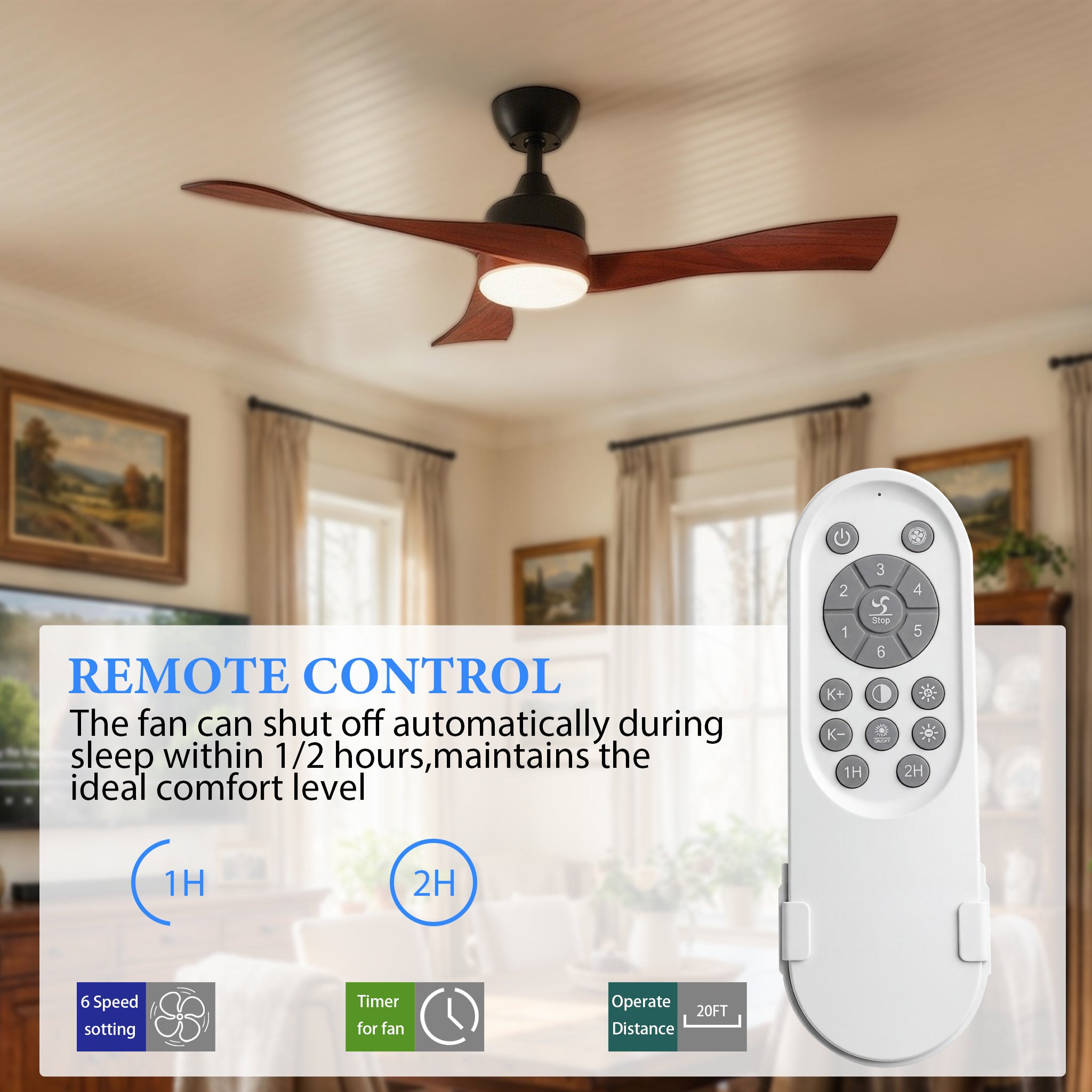 Ceiling fan with wooden blades and remote control in a room setting