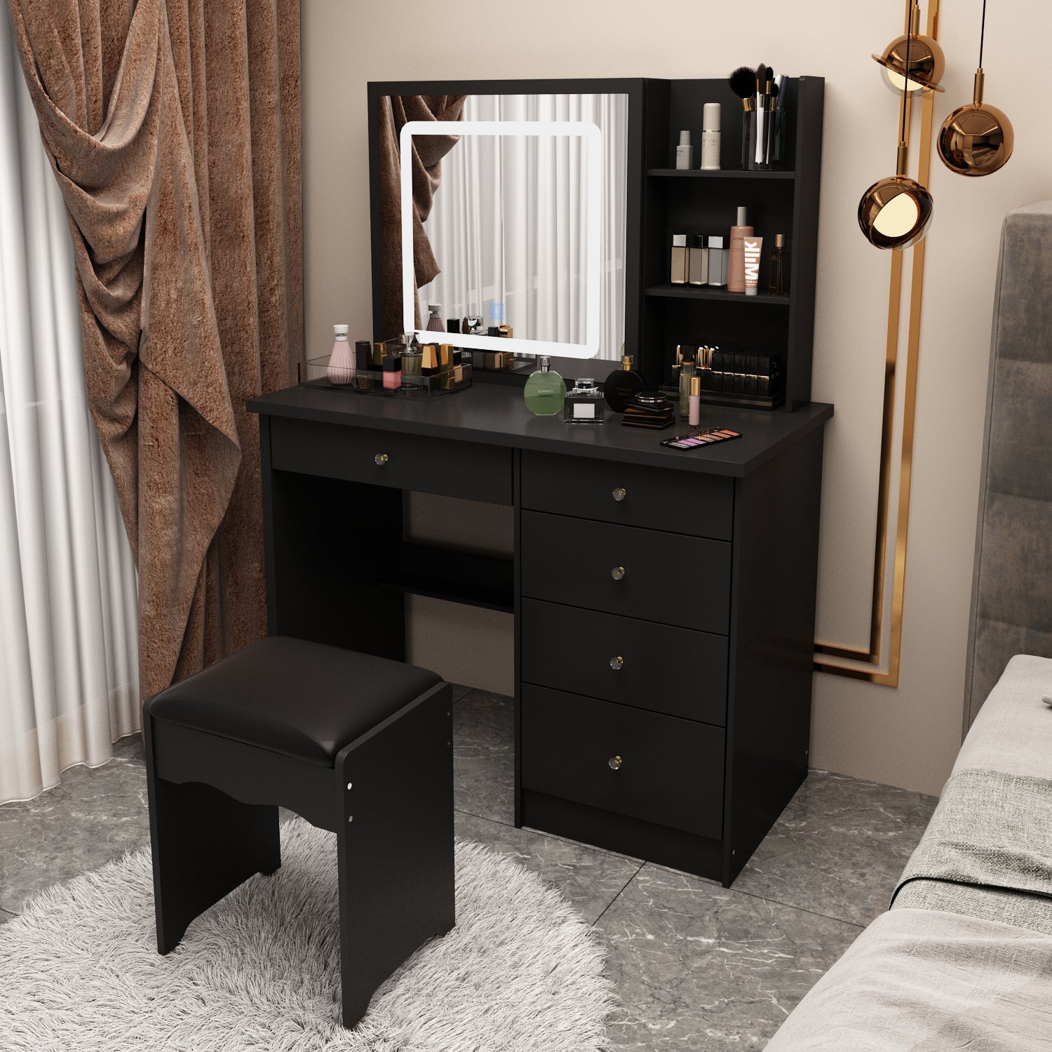 Makeup Vanity Set with Sliding Lighted Mirror, Cushioned Stool, 5 Drawers & Shelves