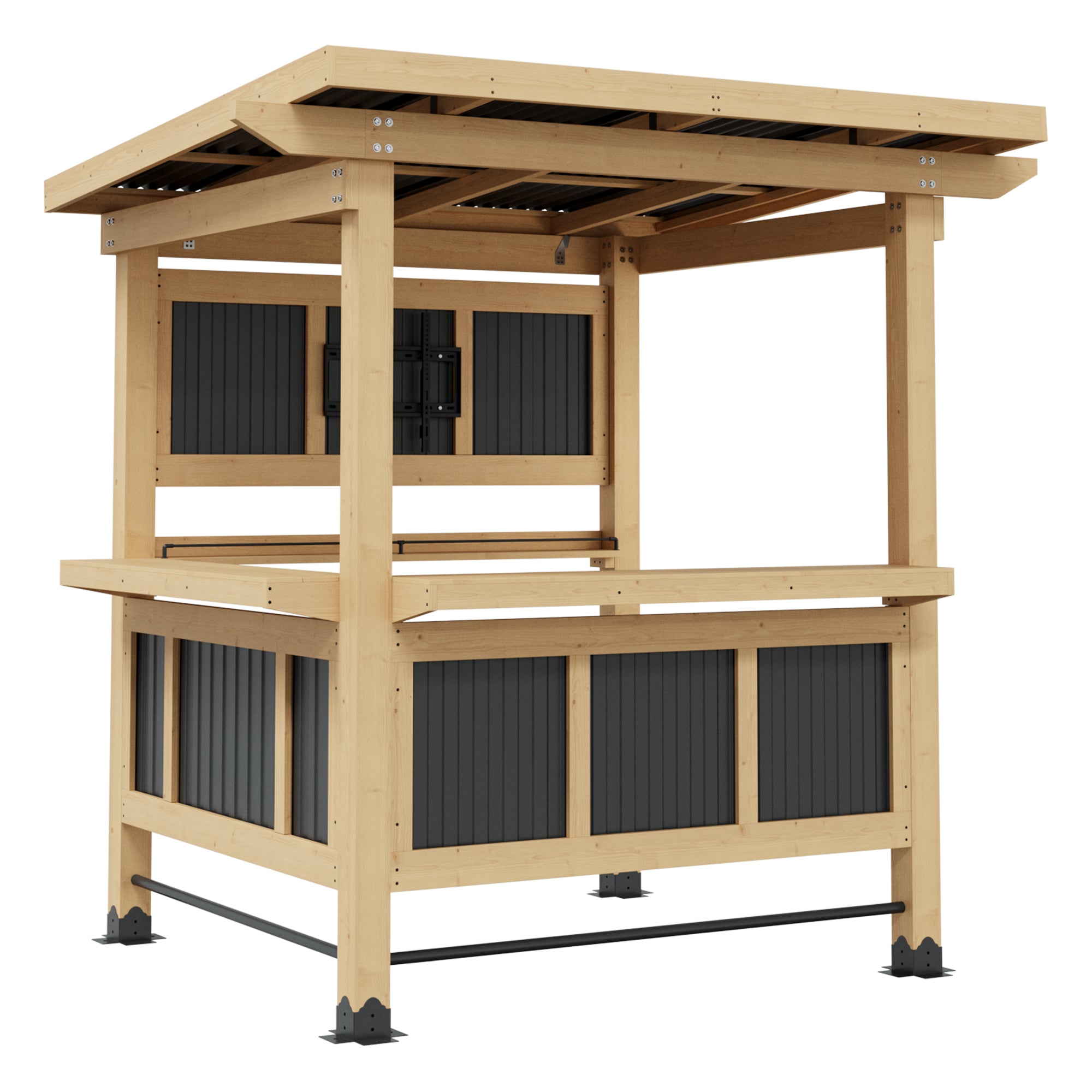 Wooden outdoor structure with a flat roof on a white background