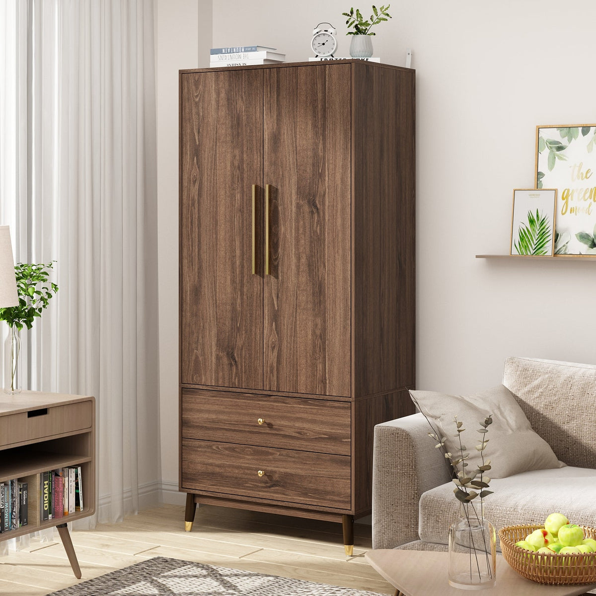 31.5" Modern Brown 2-Door 2-Drawer Armoire Large Storage Closet