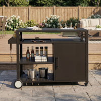Black outdoor kitchen island cart with side shelf, storage cabinet, sink, and wheels