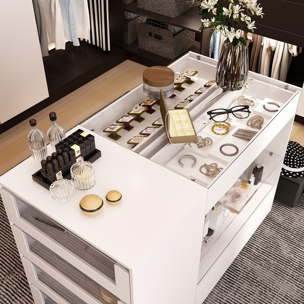 47.2" Modern White Closet Island with Strong Storage and Glass Top