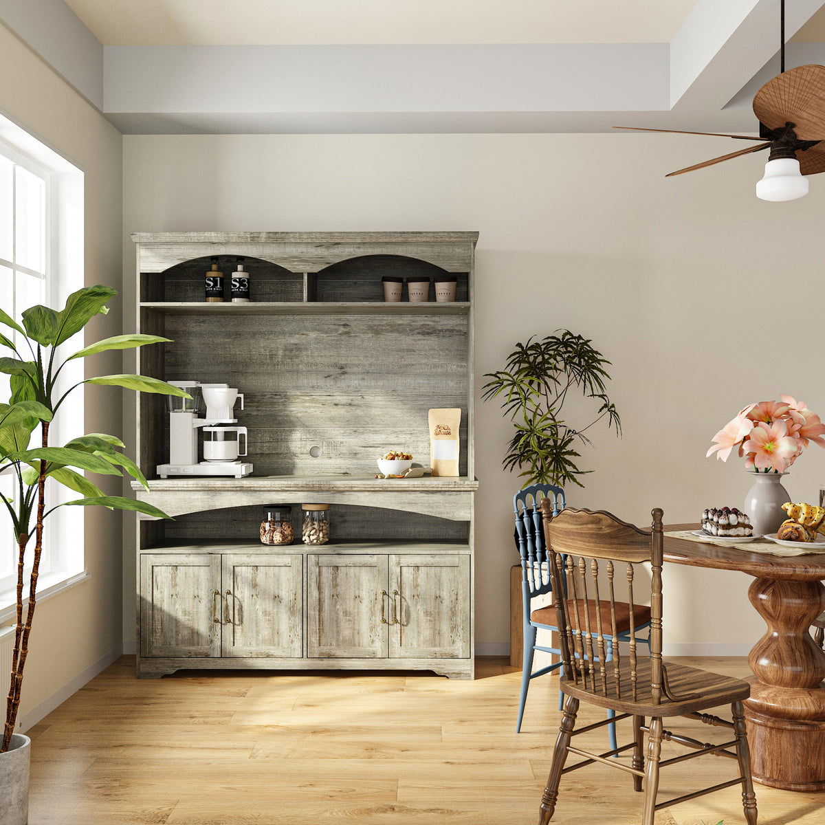 53.7" Retro Brown Dining Hutch with Adjustable Shelves