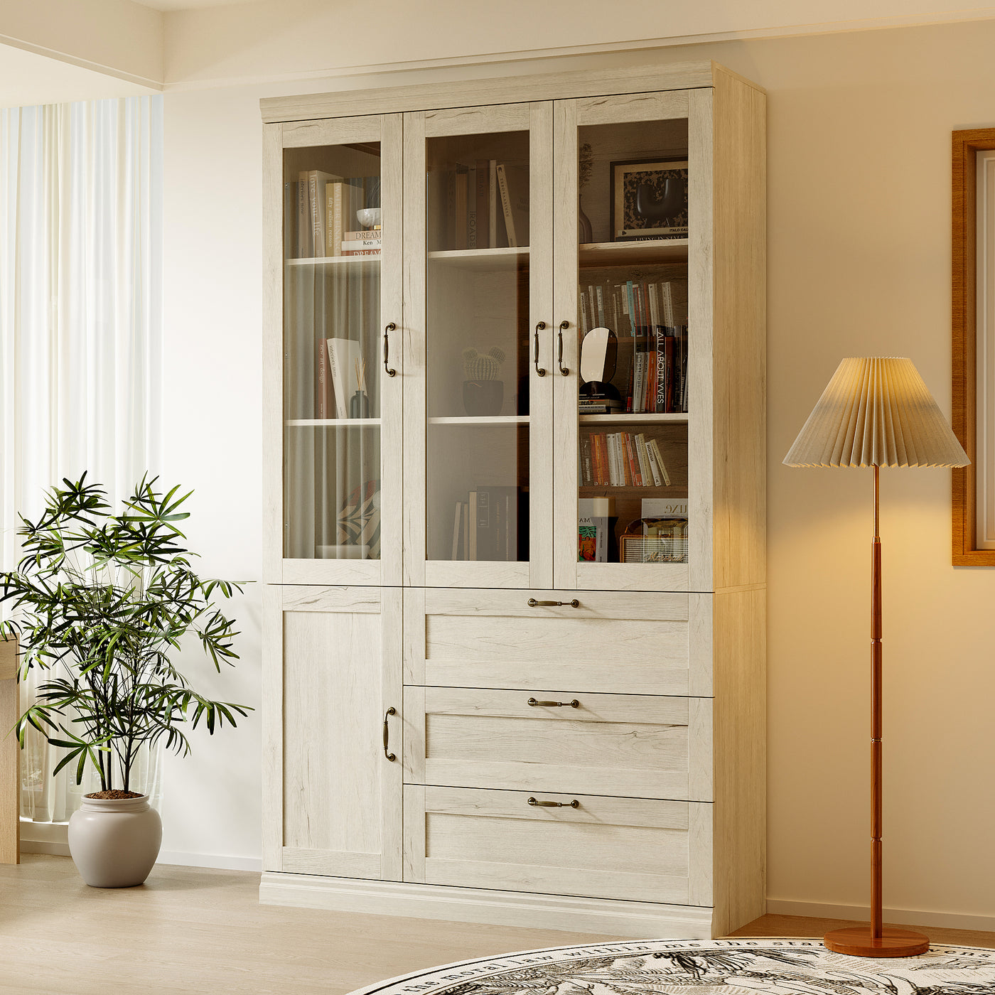 47.2" Farmhouse Gray-White Display Bookcase with Glass Doors
