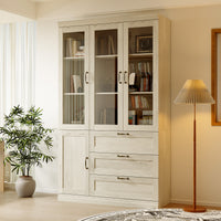 47.2" Farmhouse Gray-White Display Bookcase with Glass Doors
