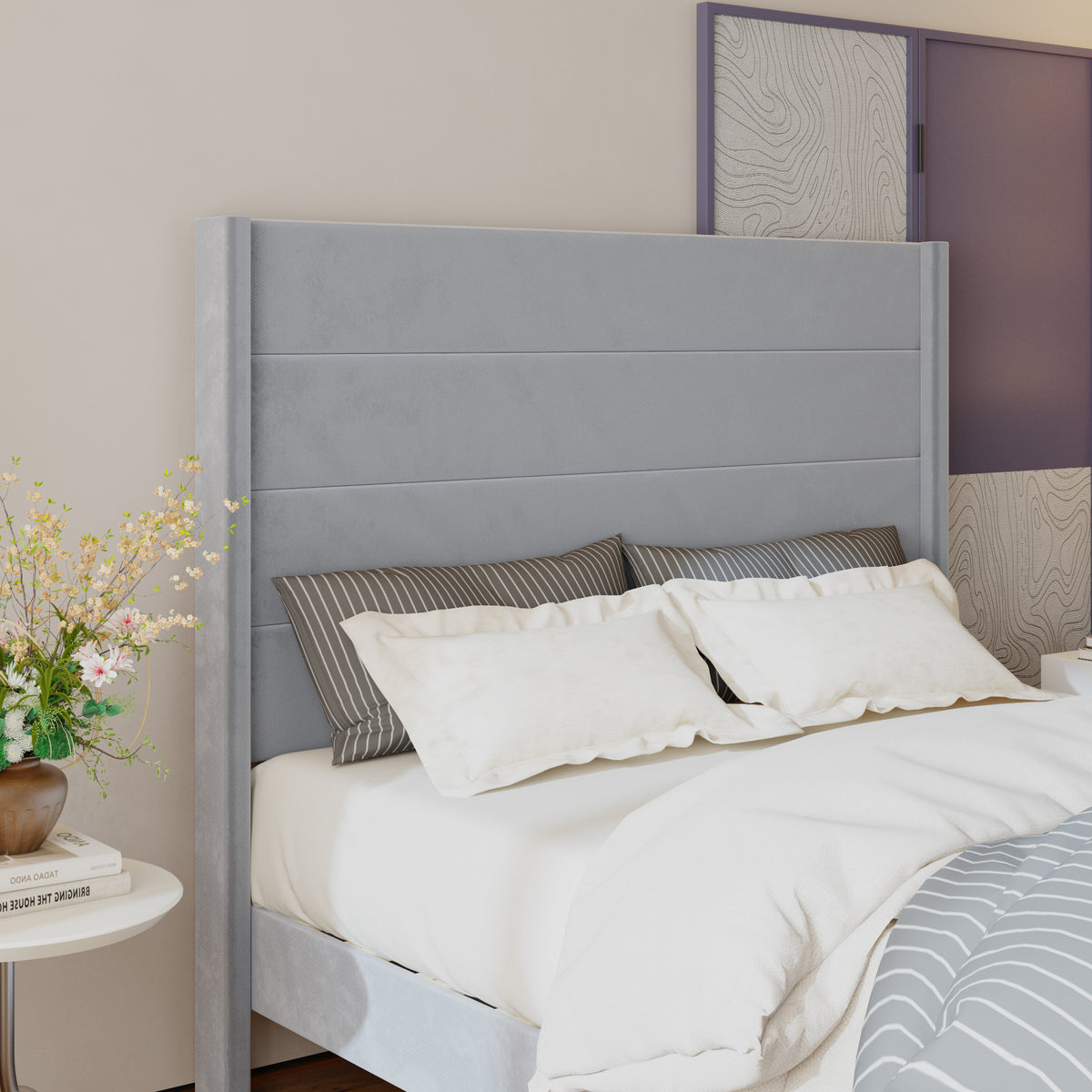 63.8" Simplistic Gray Platform Bed with Solid Wood Legs