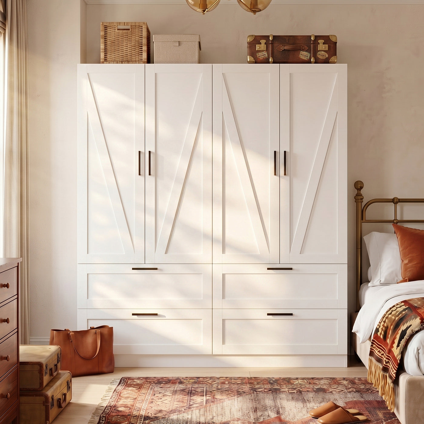 59.8" Modern Farmhouse White 4-Door Wardrobe with Geometric Slat Doors, 4 Drawers and Black Handles
