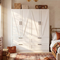 59.8" Modern Farmhouse White 4-Door Wardrobe with Geometric Slat Doors, 4 Drawers and Black Handles