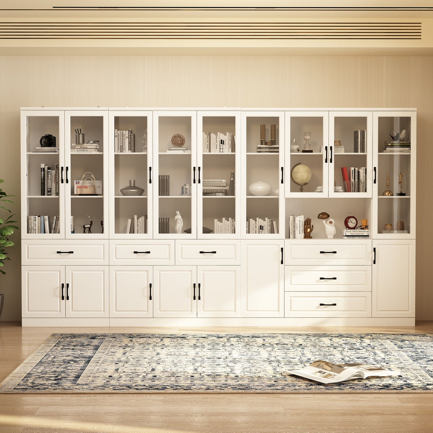 Vila 141.7" White Bookcases & Display Cabinets with 6 Drawers and Open Shelf