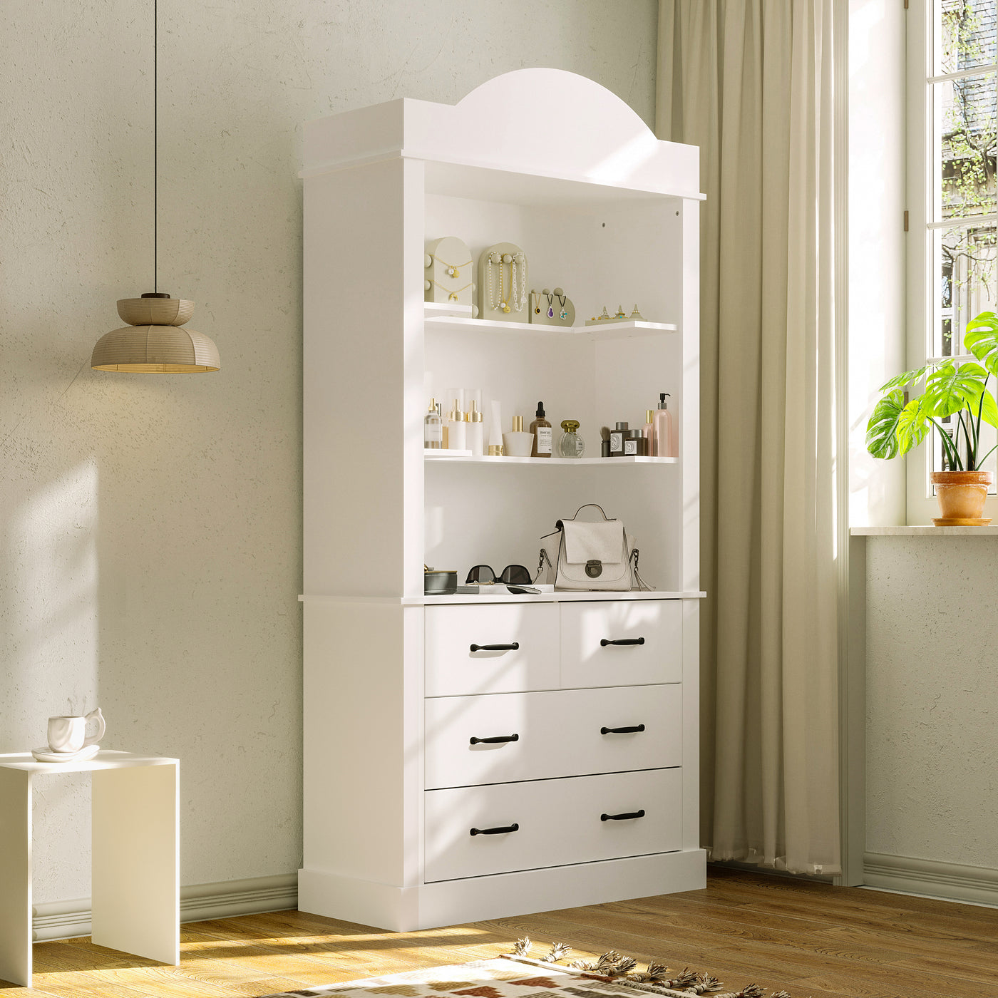White tall cabinet with shelves and drawers in a room with a window and plant.
