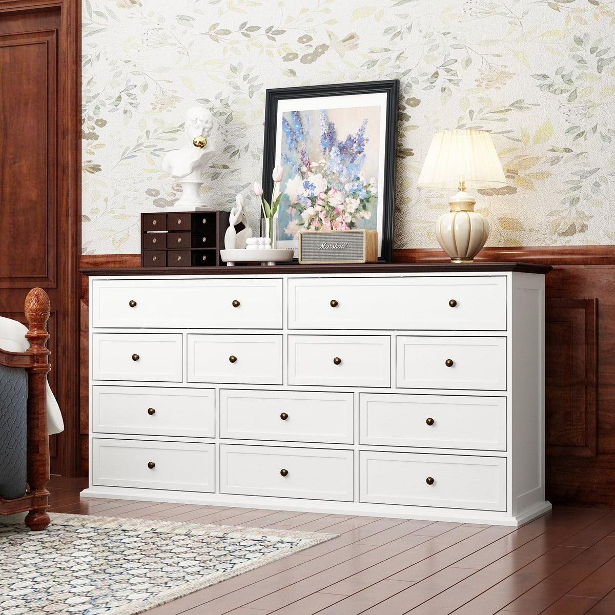61" Transitional White Rectangular Dresser With 12 Drawers