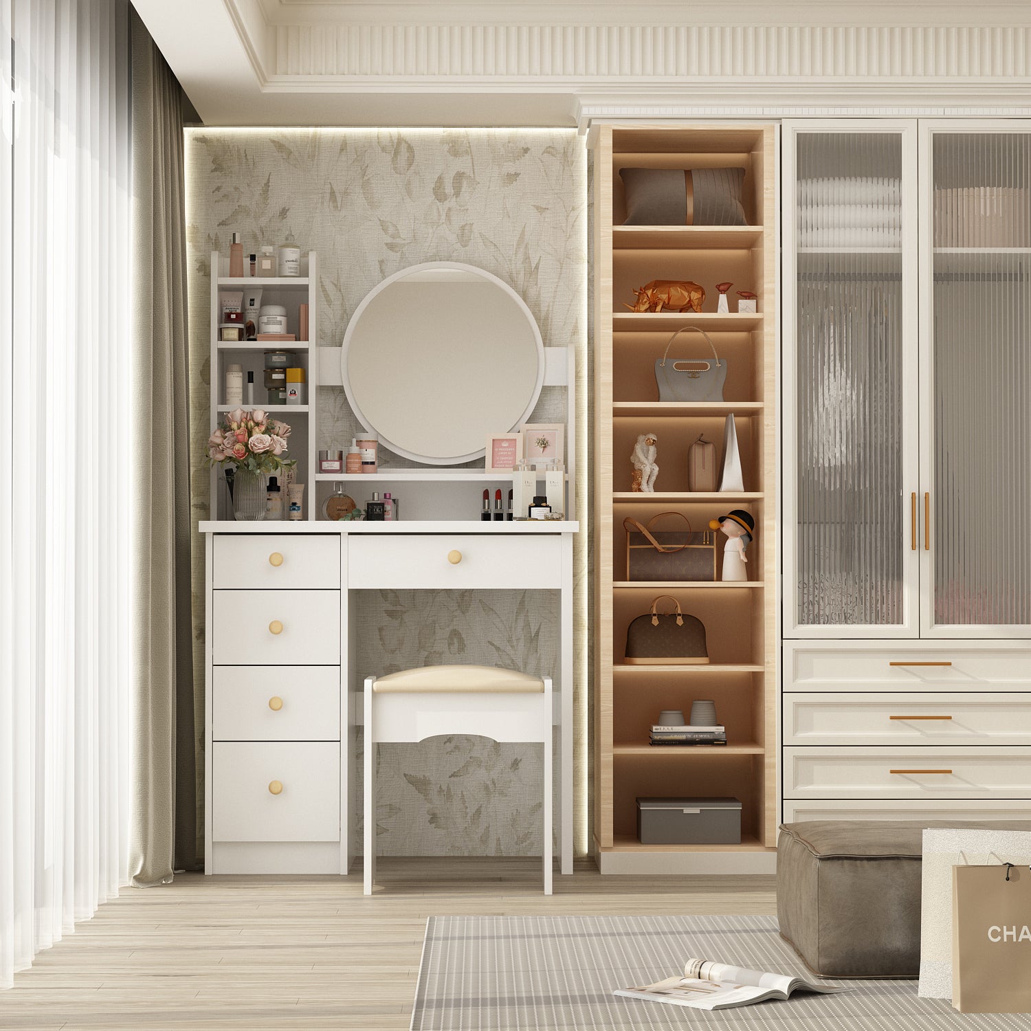 Makeup Vanity Set with Cushioned Stool, 5 Drawers & Display Shelves