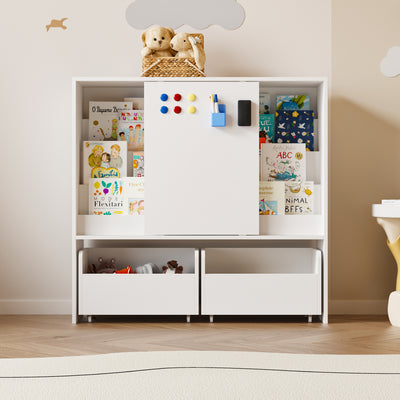 39.4" Modern White Kids Bookcase with Magnetic Whiteboard Doors