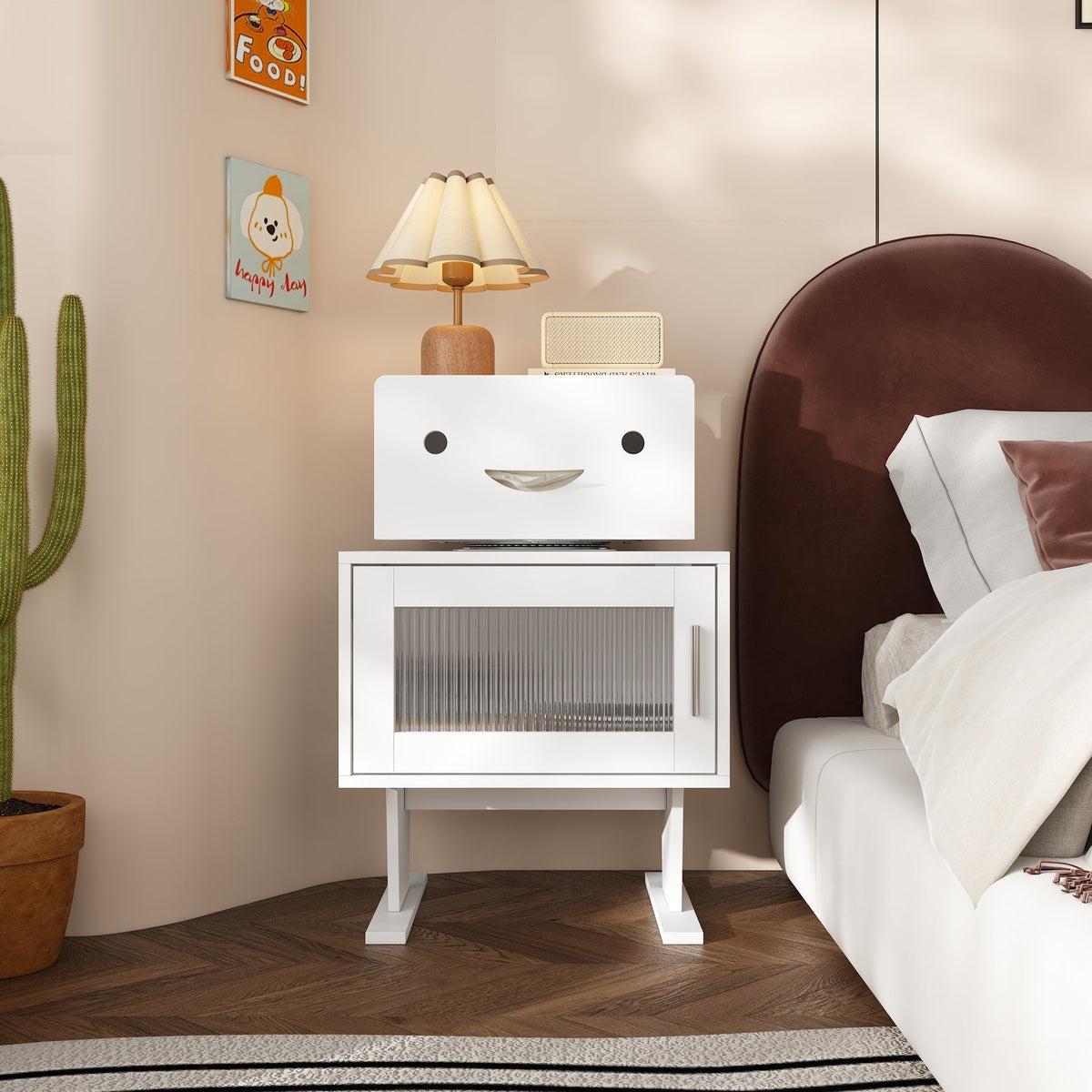 18.9" Modern Creative White Nightstand With Robot Shape And 360°Rotation