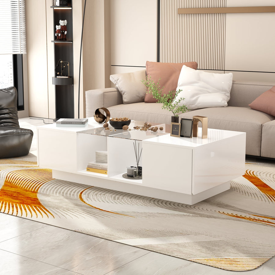 47.4" Modern Minimalist White Coffee Table with Storage And LED Lighting