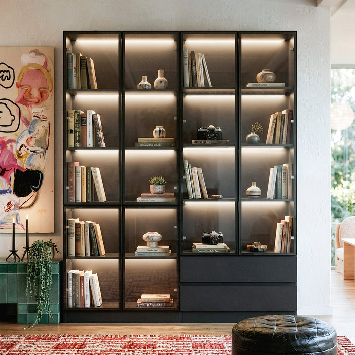 63" Modern White/Black Tall Bookcase with 3-Color LED Lights & 4 Glass Doors