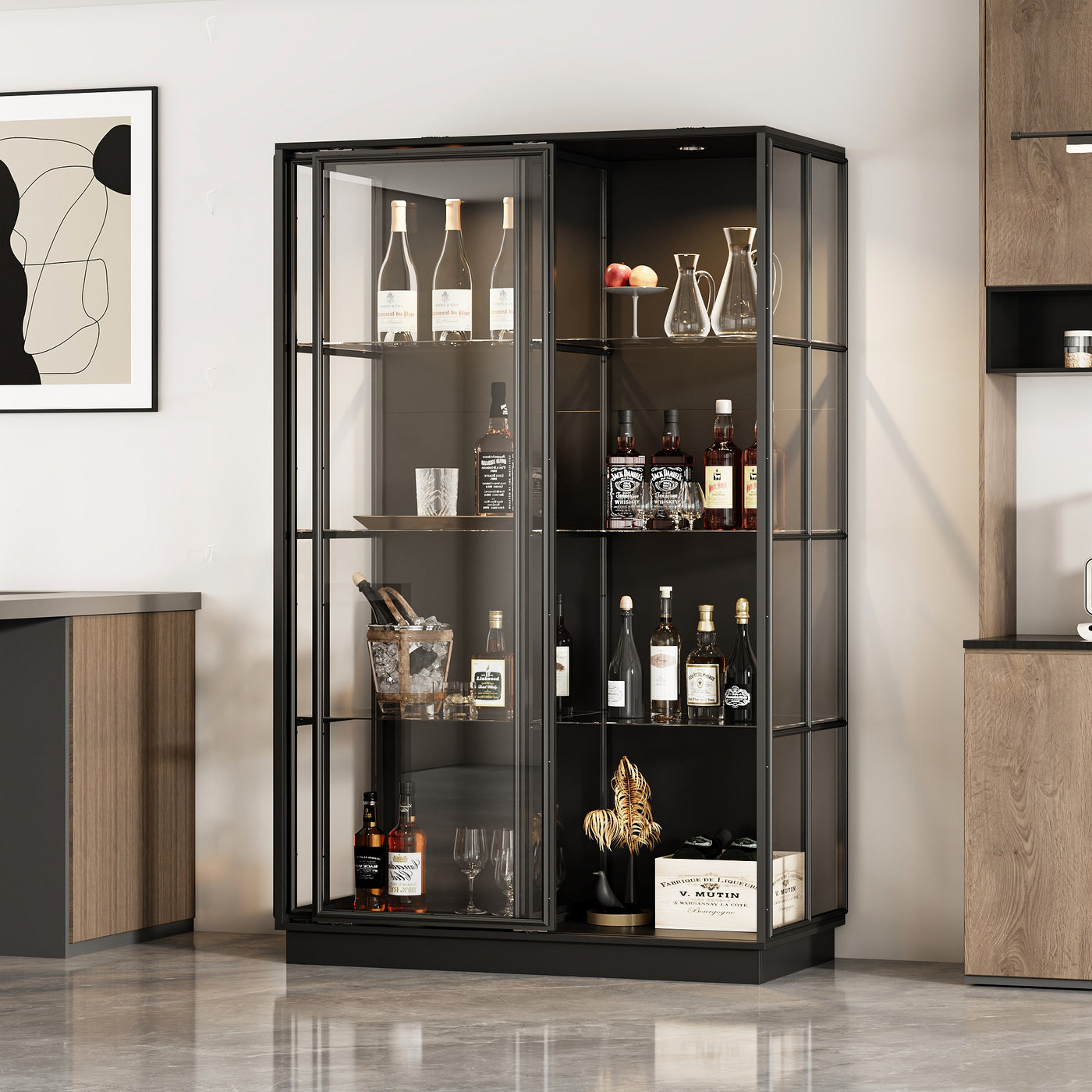 48.1" Modern Black 4-Tier Display Cabinet With Glass Doors and Lights