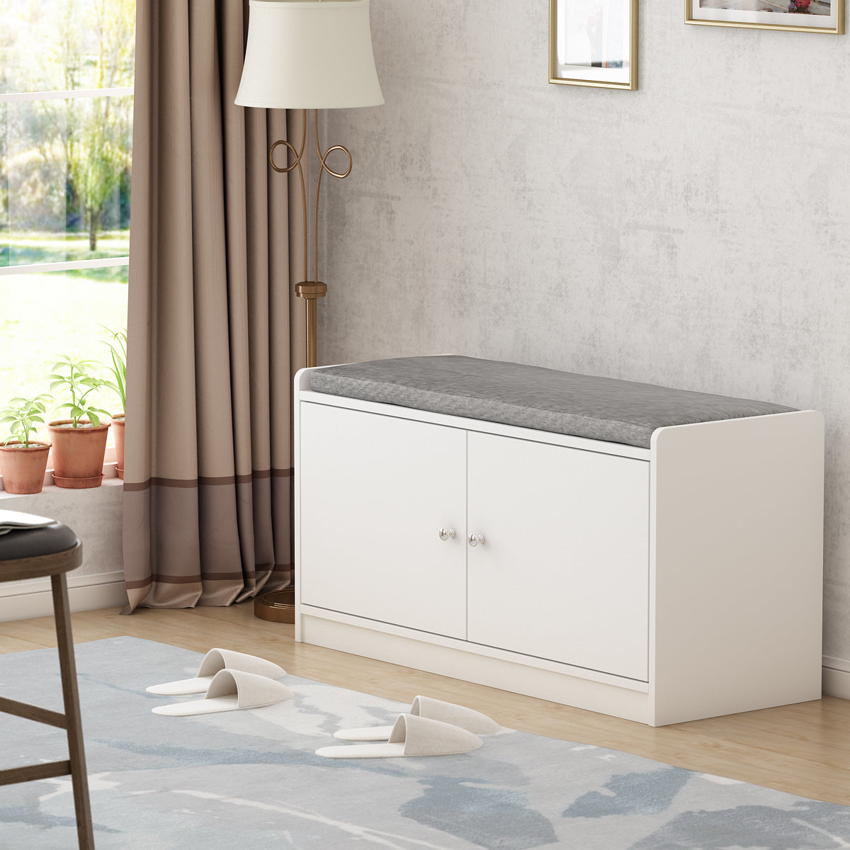 Shoe Storage Bench Shoe Rack Storage Shelf with Cushion 2-Door for Entryway
