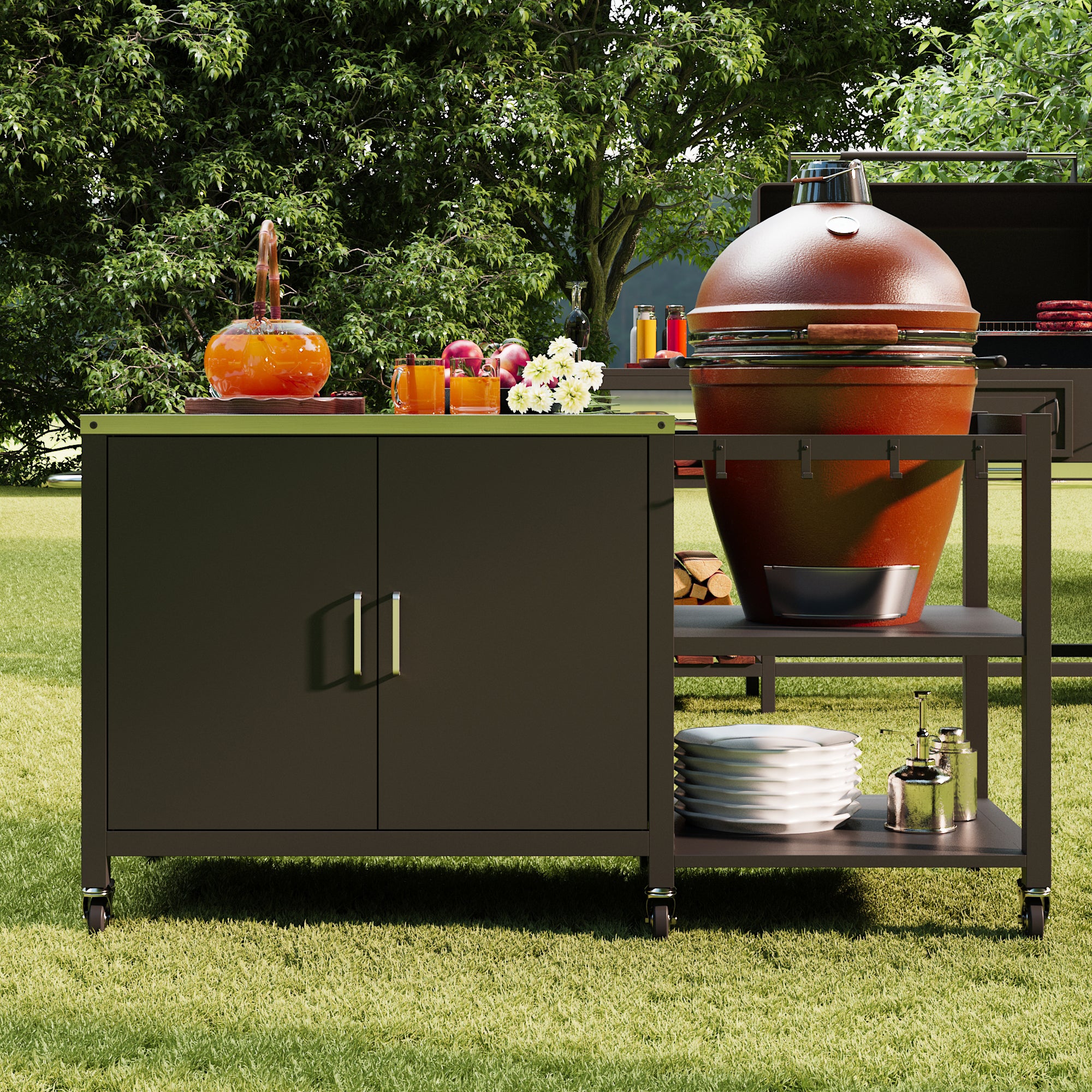 Black BBQ Grill Cart With Stainless Steel Top, Double-Door Cabinet, Open Shelves & Lockable Wheels