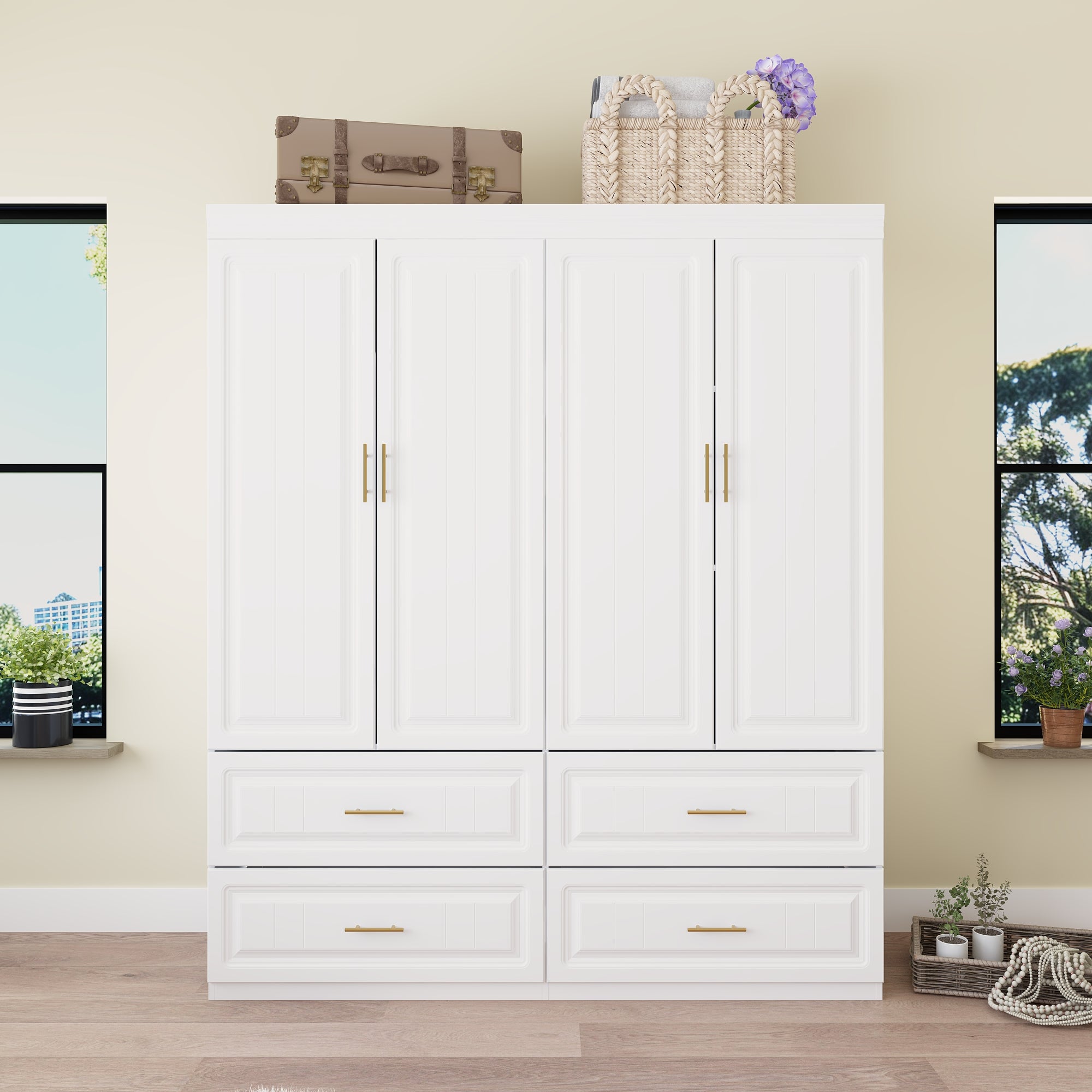 63 inches Modern Minimalist White Wide Wardrobe 4-Door Armoire with 4 Drawers for Bedroom Storage
