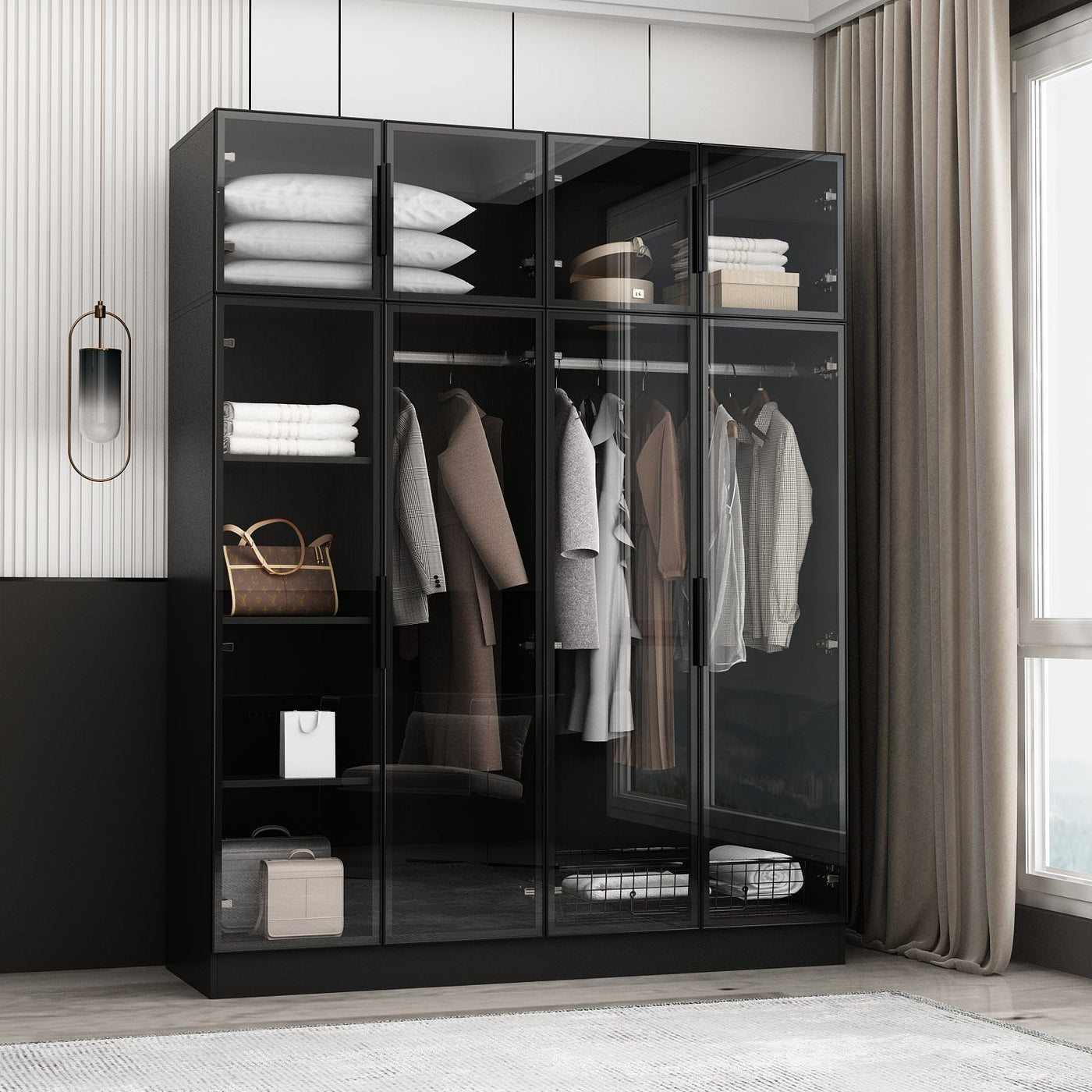 Modern wardrobe with clothes and shelves in a well-lit room