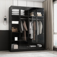Modern wardrobe with clothes and shelves in a well-lit room