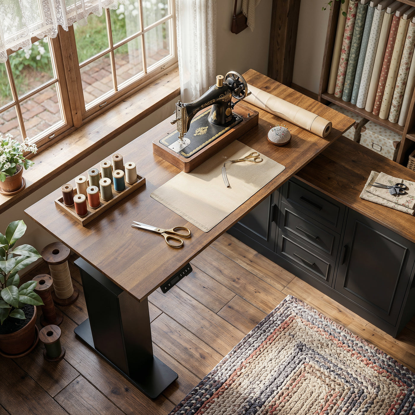 55.1" Rustic Wood L-Shaped Electric Height Adjustable Standing Desk with 3 Drawers and Side Storage Cabinet
