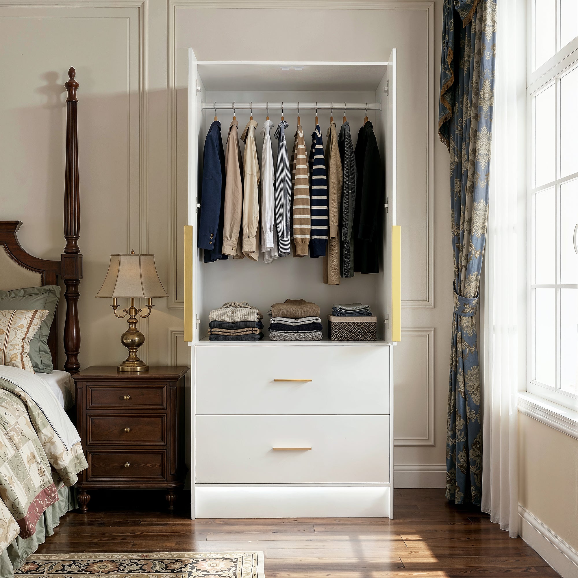 White Mirror Armoire with 2 Drawers and LED Base