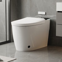 White smart toilet with closed lid, digital display, and built-in bidet