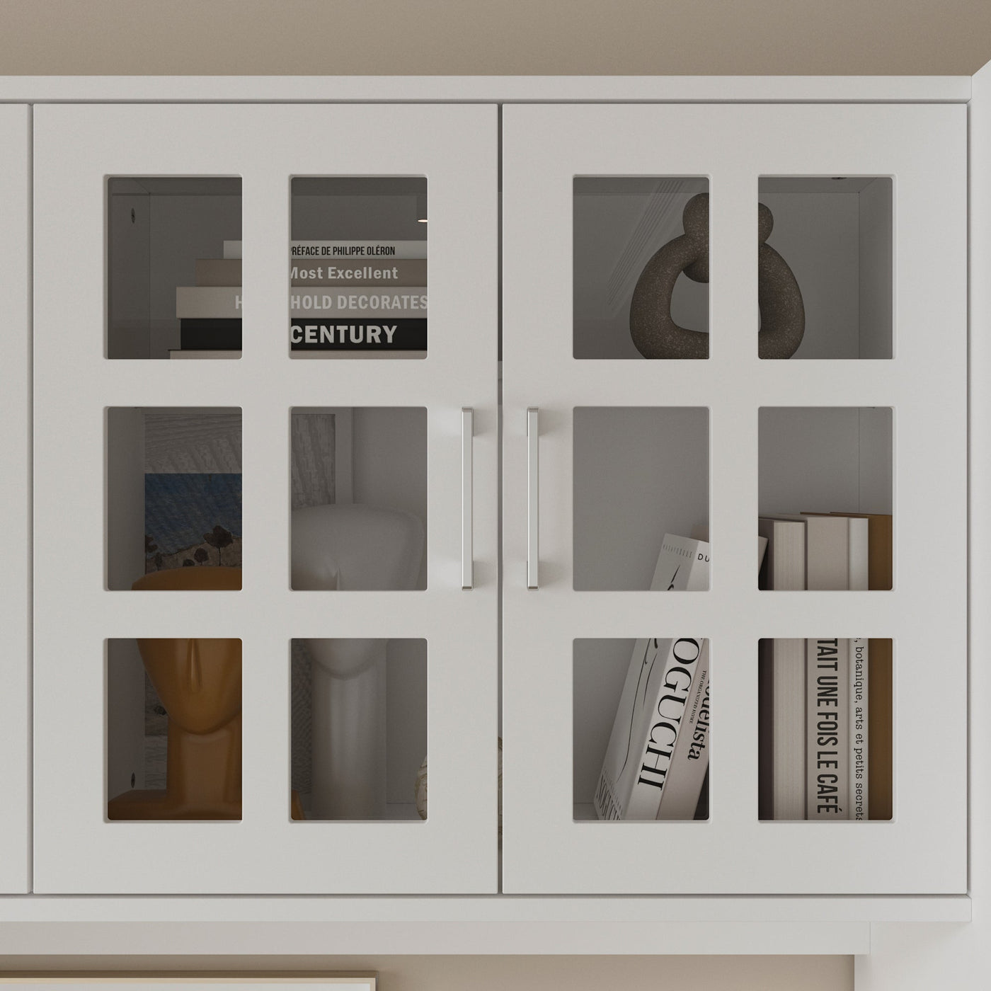 110.2" Modern White Bookcase with 11 Drawers and Glass Doors
