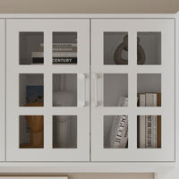110.2" Modern White Bookcase with 11 Drawers and Glass Doors