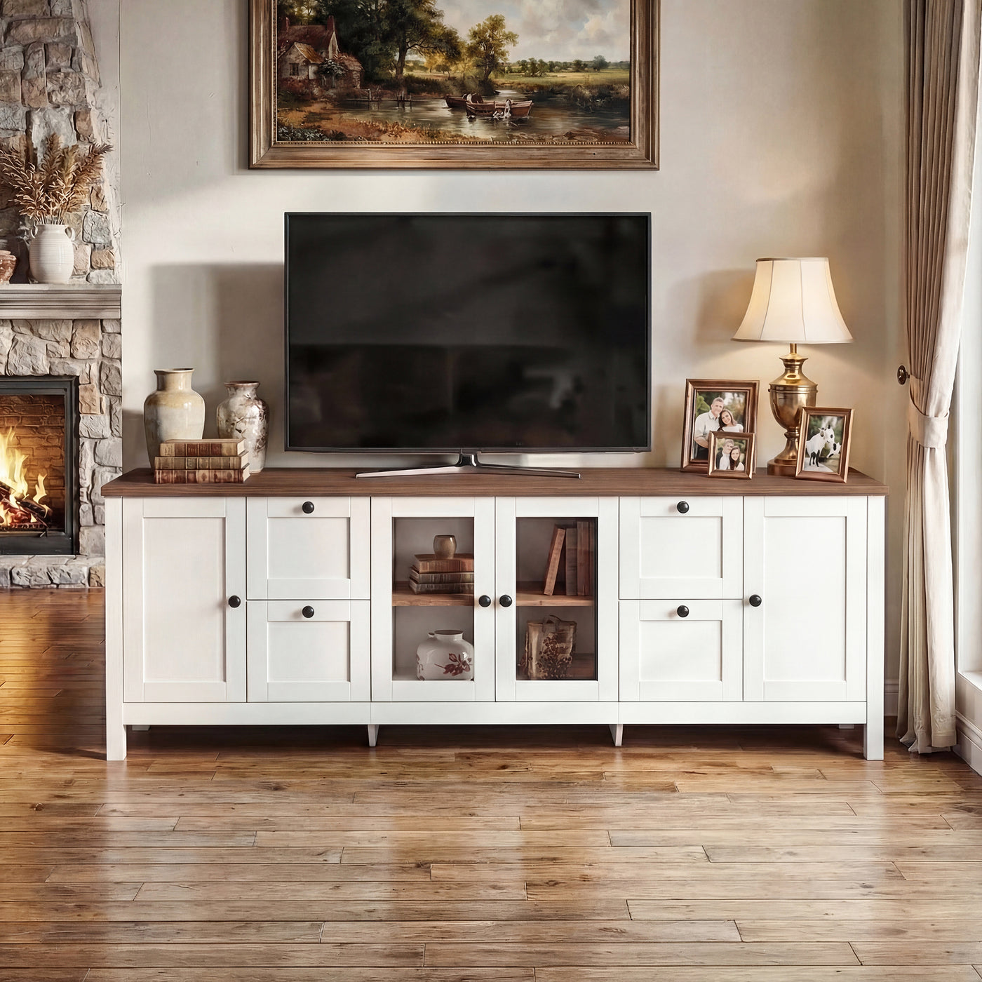 White TV stand with wood top, glass cabinet doors, drawers, and adjustable storage shelves