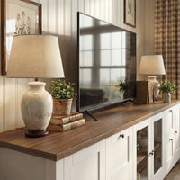 90.6" Modern Farmhouse White and Brown TV Stand with Glass Doors and 10 Storage Compartments
