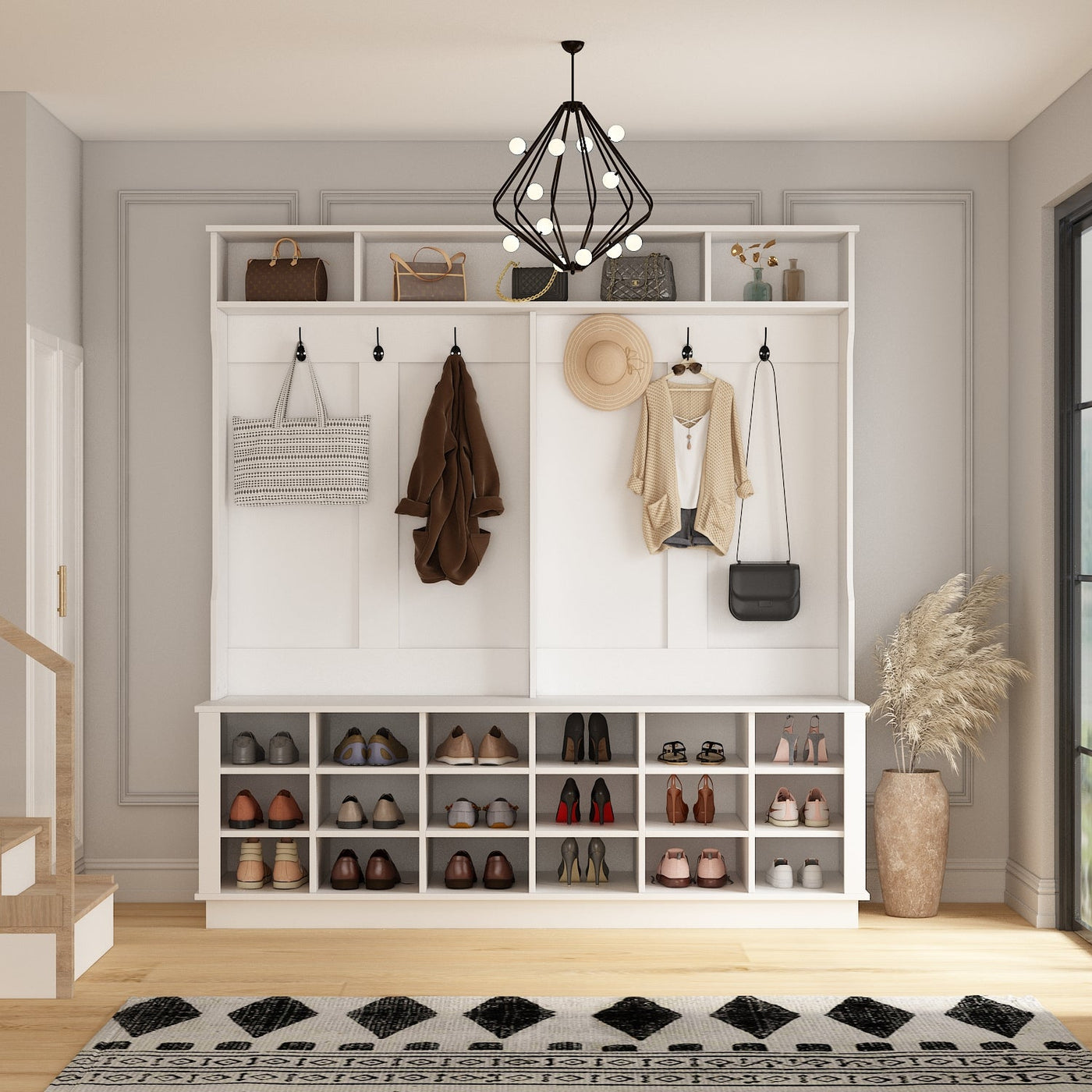 Large Hall Tree with Storage Bench 3-in-1 Entryway Bench with Double Hooks 18 Cubes