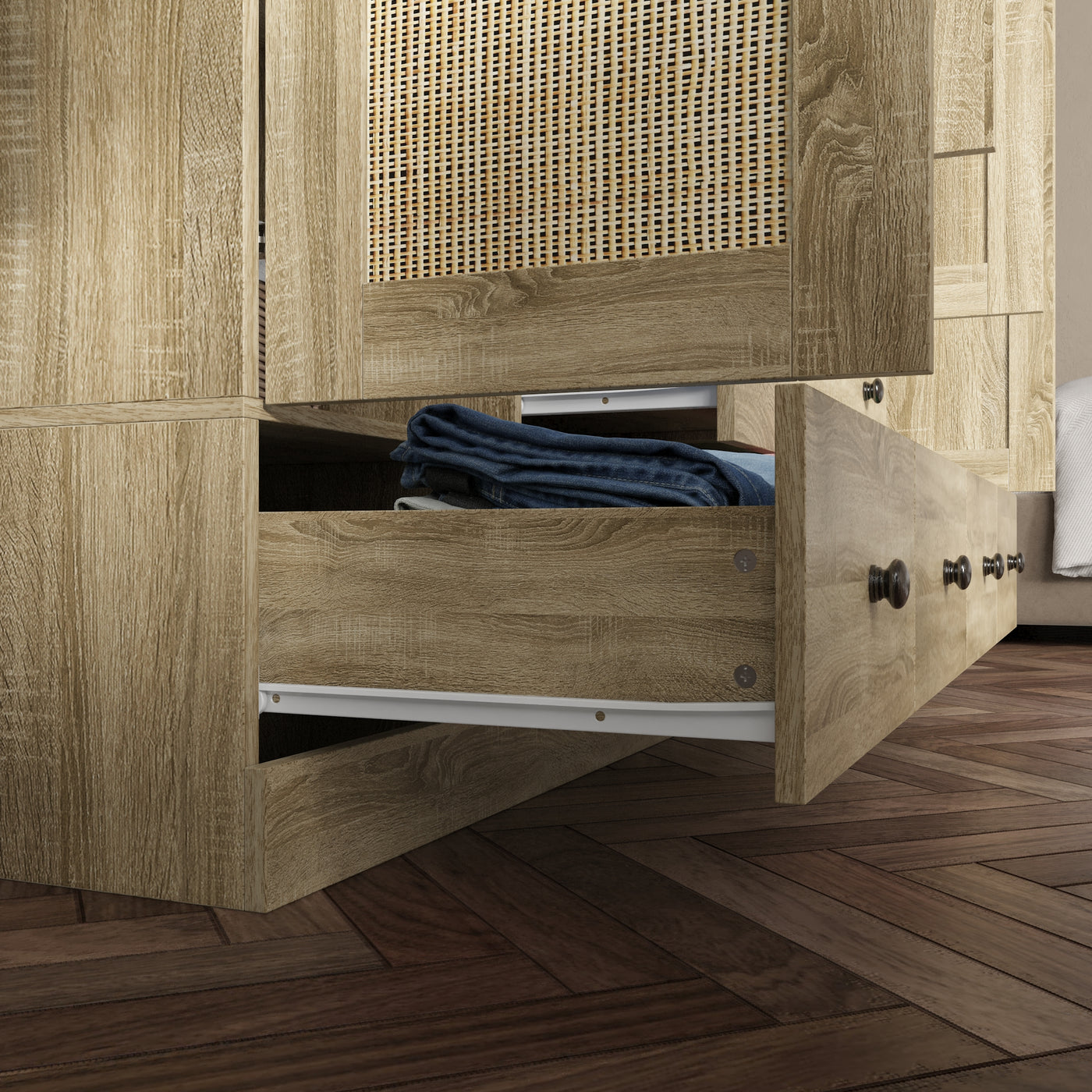 63" Rustic 4-Door Wardrobe Armoire with Rattan Paneling, 6 Drawers & 2 Hanging Rods