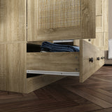 63 inch Rustic 4-Door Wardrobe Armoire with Rattan Paneling, 6 Drawers & 2 Hanging Rods