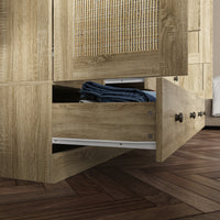 63" Rustic 4-Door Wardrobe Armoire with Rattan Paneling, 6 Drawers & 2 Hanging Rods