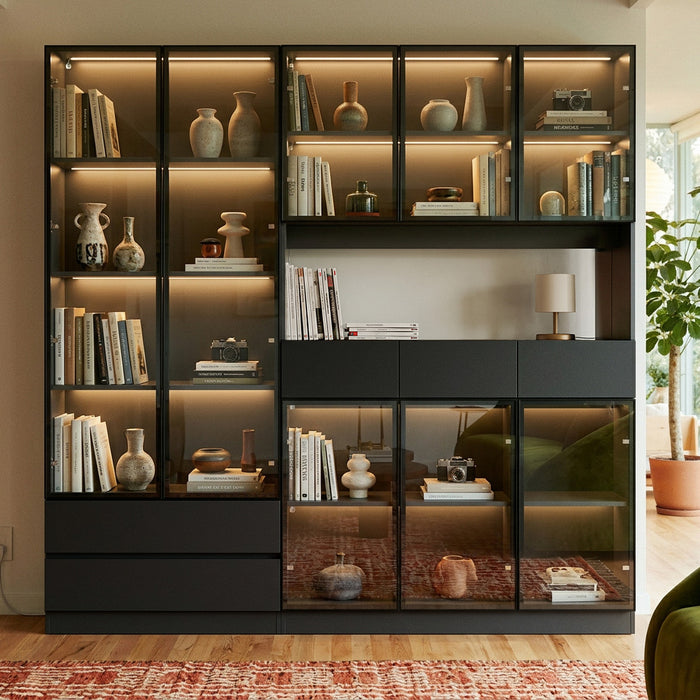 79" Modern White/Black Bookcase with Glass Doors and 3-Color Changing Lights