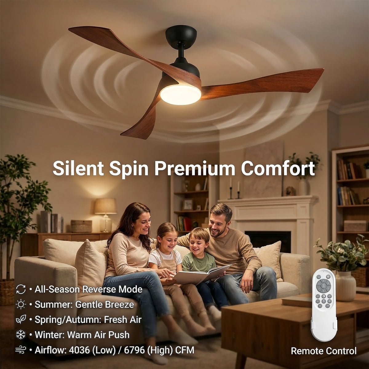 Family in a living room with a ceiling fan and remote control, featuring text about the fan's features.