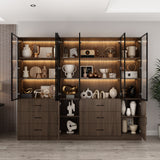 94.4 inch Modern Brown Extra Wide Display Case with LED Lights & 6 Glass Doors