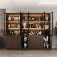 Geyma 94.4" Modern Brown Extra Wide Display Case with LED Lights & 6 Glass Doors