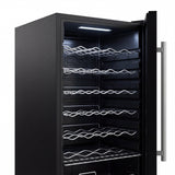 Black wine fridge with glass door and digital temperature display