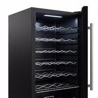 Black wine fridge with glass door and digital temperature display