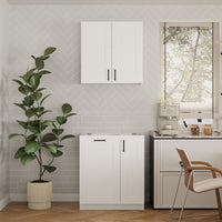 30" Modern White Food Pantry with Wall-Mounted Cabinet