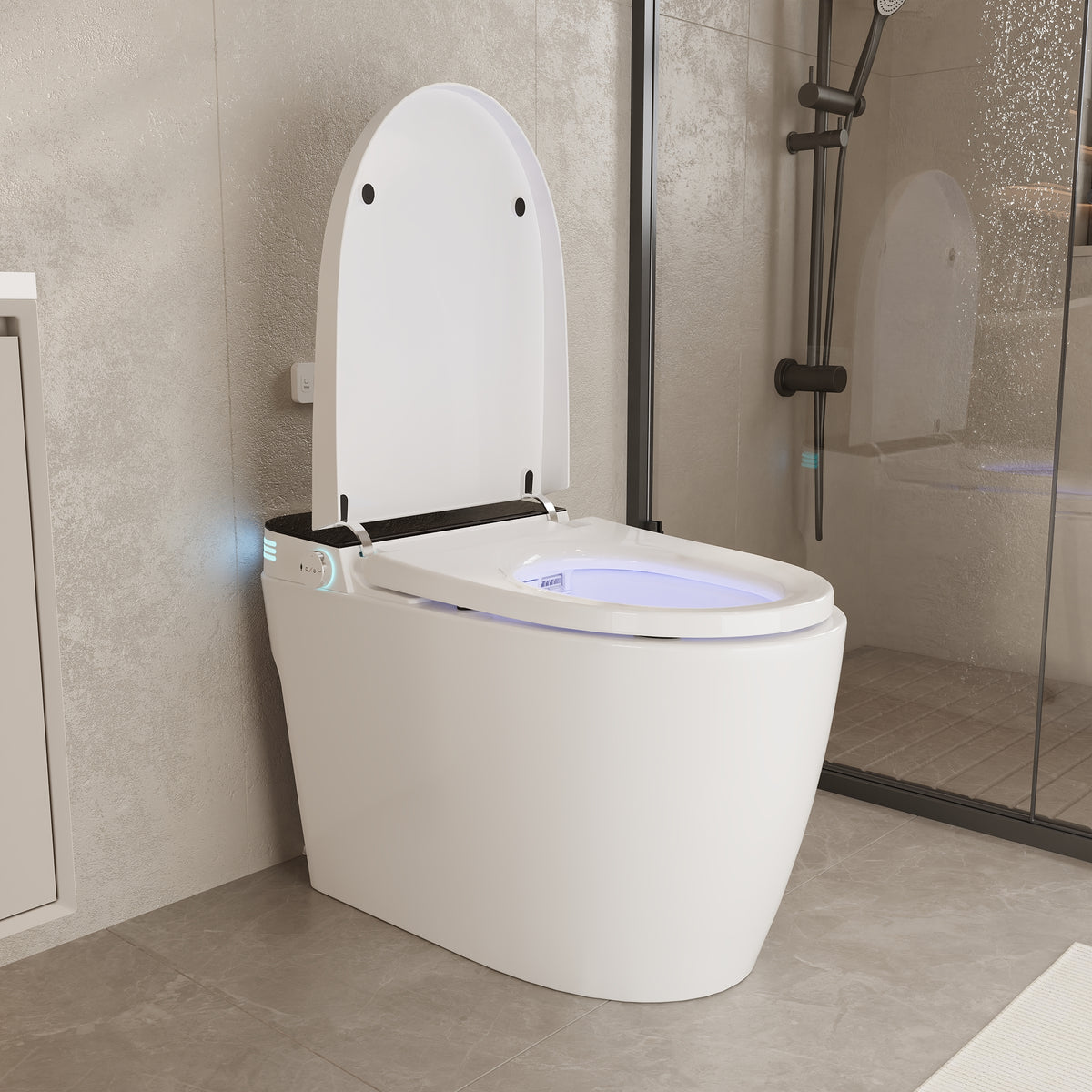White smart toilet with open lid, built-in bidet, and ambient night light