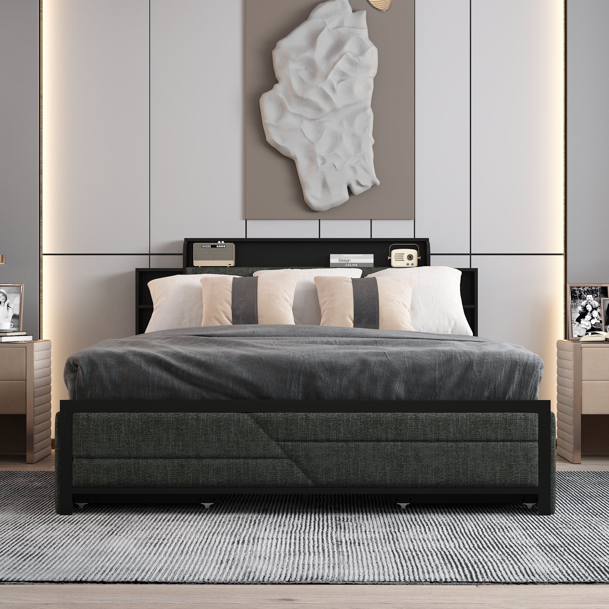 Low Profile Platform Bed With Storage Drawers And Power Outlet