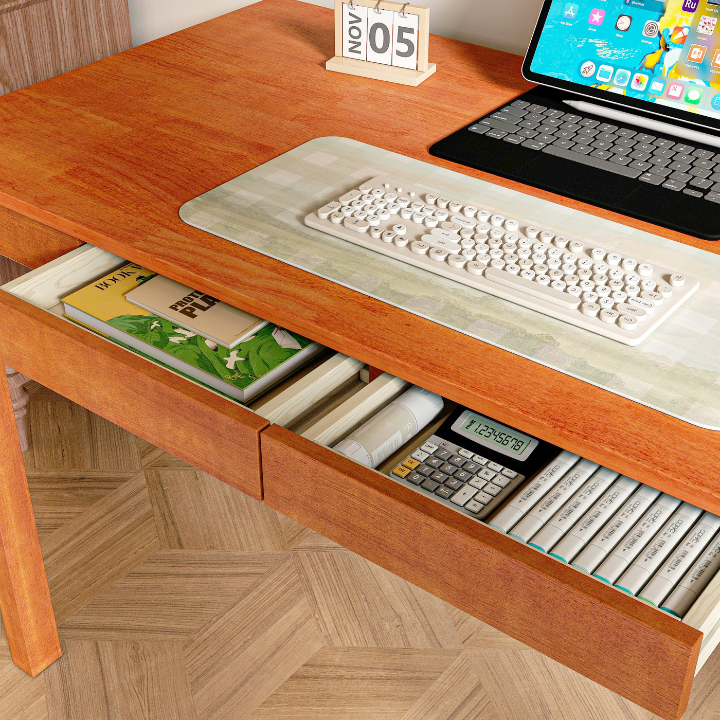 47.2" Modern Scandinavian Brown Rubberwood Writing Desk with Double Drawers