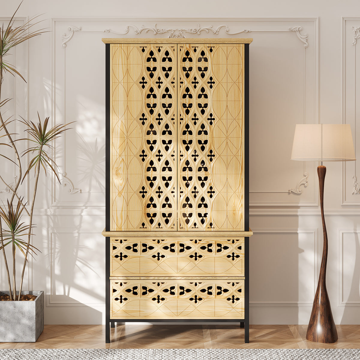 Wooden cabinet with decorative patterns in a room with a lamp and plant.