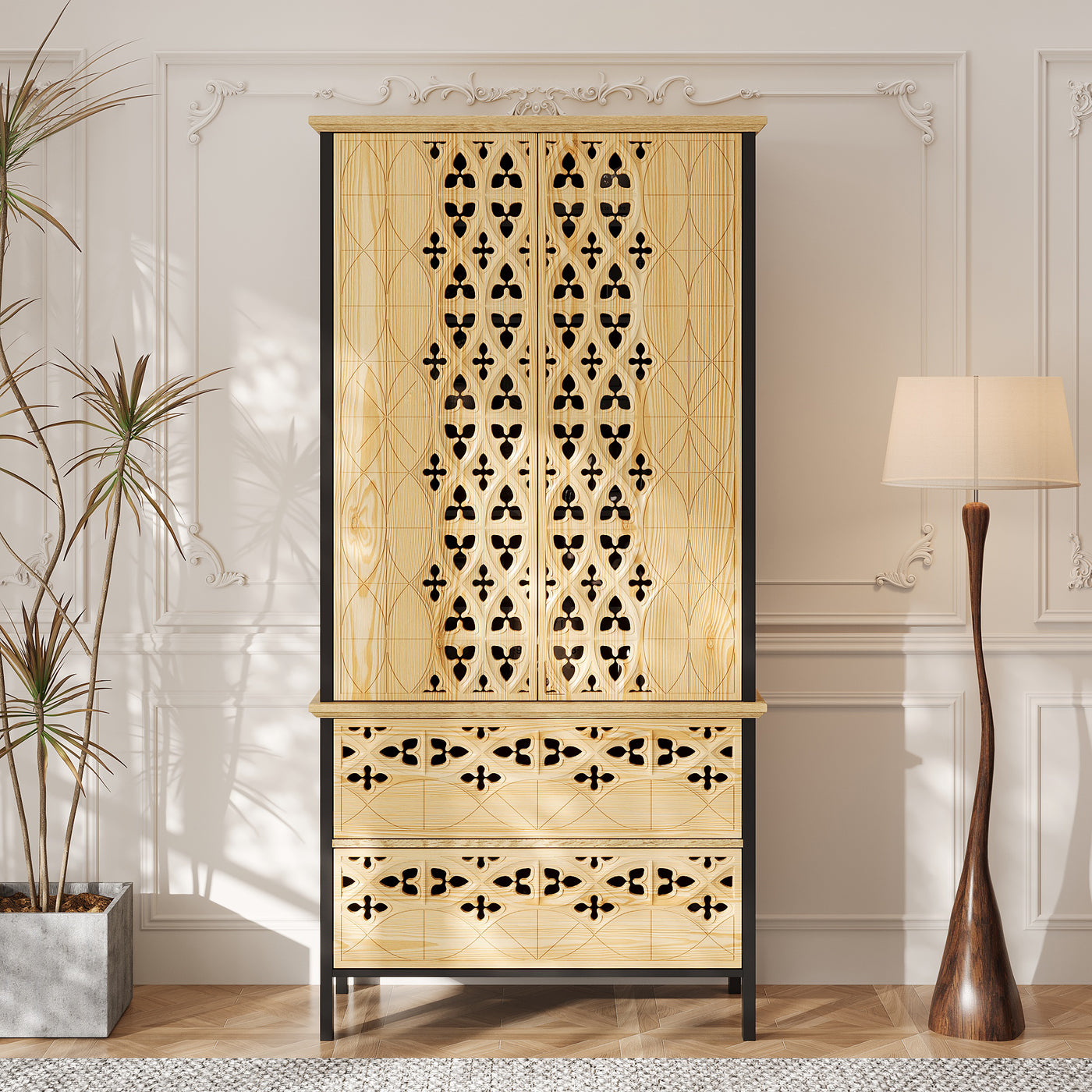 Wooden cabinet with decorative patterns in a room with a lamp and plant.